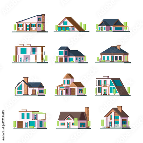 Modern buildings. Living houses villa townhouse suburban facade constructions tower vector flat illustrations. Building facade house, apartment construction townhouse