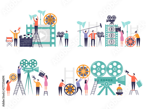 Movie production concept. Flat characters making films video camera clapboard filming person vector colored backgrounds. Production video and movie, film making entertainment illustration