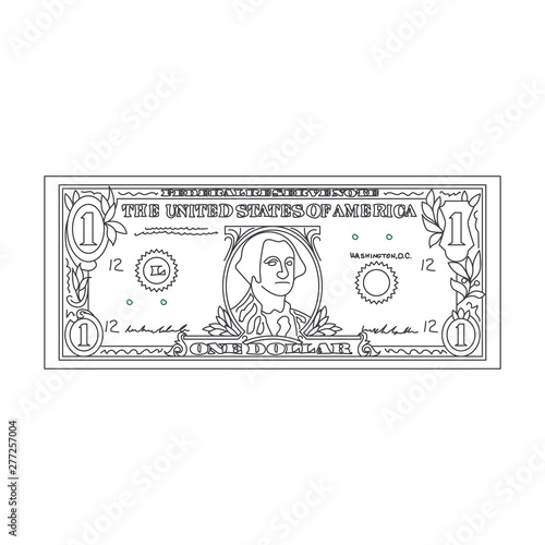 Bill One Dollar Banknot Black Thin Line. Vector