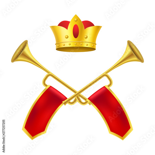 Realistic Detailed 3d King Royal Golden Horn Set and Golden Crown. Vector