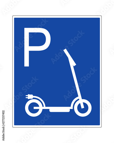 Elektro Scooter Parkplatz Schild, Parken erlaubt Schild in blau, Vektor Illustration isoliert auf weißem Hintergrund