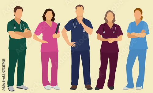 Male and Female Nurses or Doctors in Scrubs