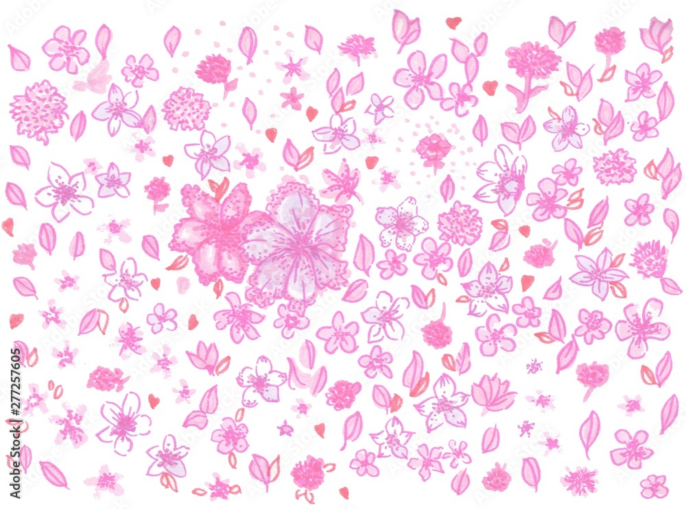 spring pink background in small pink flowers and leaves on white
