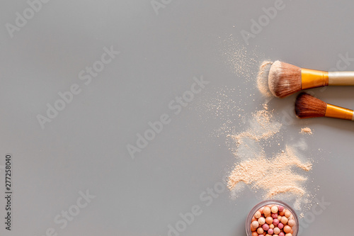 Wallpaper Mural Women desk with brushes and blusher for make up on gray background flat lay space for text Torontodigital.ca