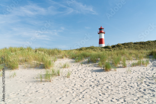 Lighthouse red white on dune. Sylt island – North Germany. 