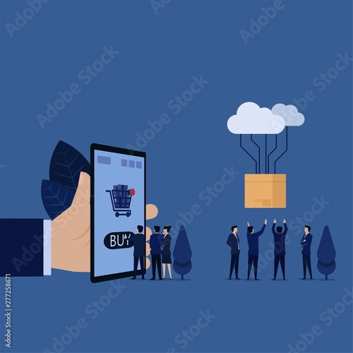 Business tap on mobile phone to buy online and cloud drop box metaphor of shopping online.