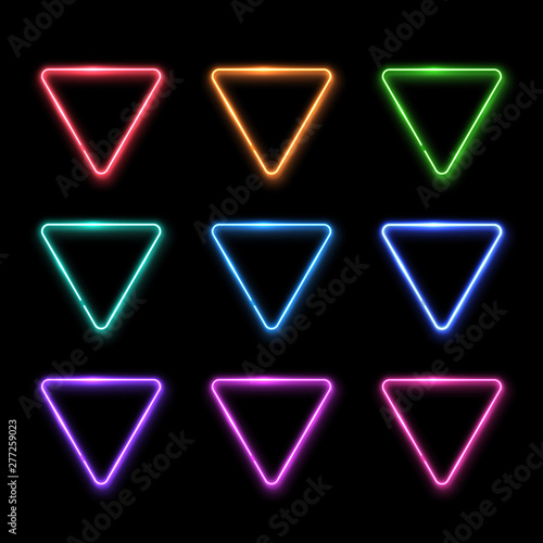 Neon abstract triangle. Colorful glowing frame set. Vintage electric symbol. Burning pointer collection on black background. Club bar cafe design element for ad sign poster banner. Vector illustration