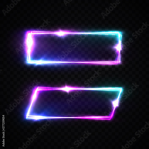 Colorful neon square signs set. Glowing color rectangles collection on transparent background. Shining led halogen lamps frame banner. Ads design element template vector illustration for flyer poster.