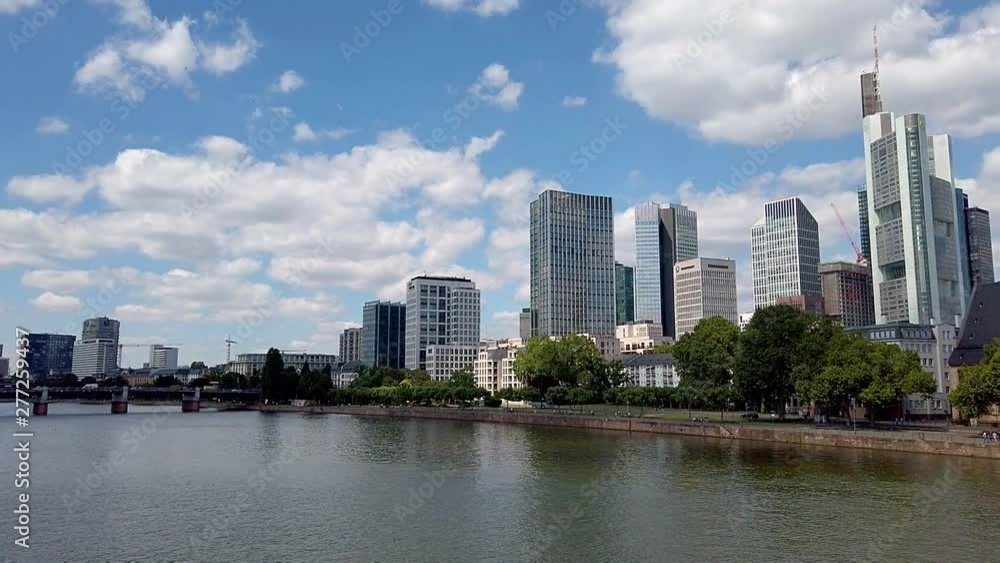 View from Eiserner Steg / The Iron Bridge on Main River to the business centre of the city, July 2019 View from Eiserner Steg / The Iron Bridge on Main River to the business centre of the city, July 2019