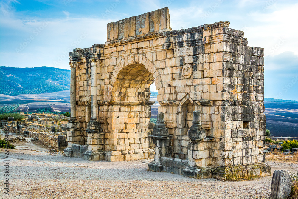 Ruins of the roman city of Volubilis, UNESCO world heritage site near Fes and Meknes, Morocco