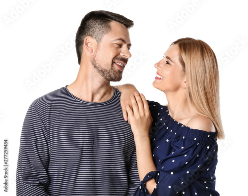 Portrait of happy couple in love on white background