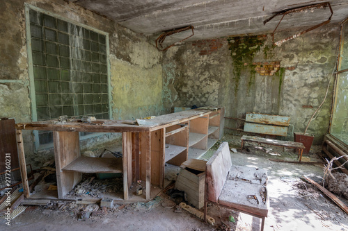  Abandoned hospital reception in Chernobyl Exclusion Zone, Ukraine - June 2019 Ghost City Prypiat abandoned after Chernobyl disaster - nuclear accident in Soviet Union that occurred on 26 April 1986.