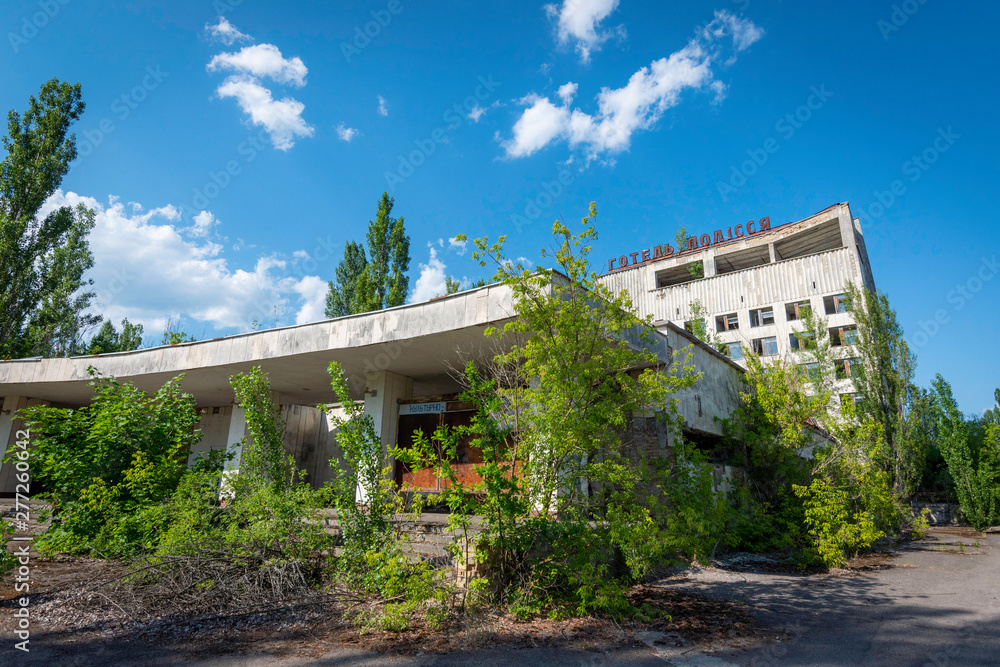  Abandoned building in Chernobyl Exclusion Zone, Ukraine - June 2019 Ghost City Prypiat abandoned after Chernobyl disaster - nuclear accident in Soviet Union that occurred on 26 April 1986.