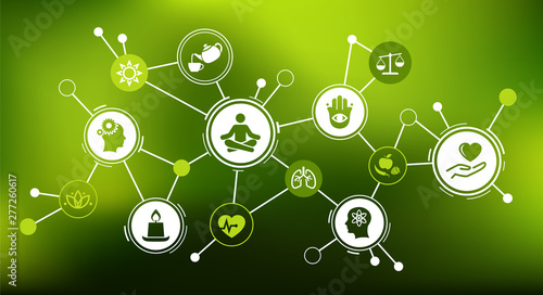 mindfulness / meditation / relaxation concept – connected icons related to mindful living, awareness, stress-relief - vector illustration