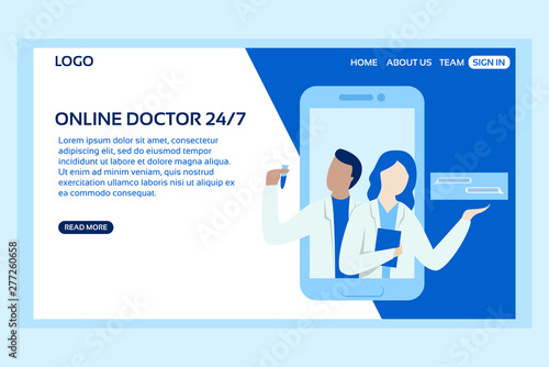 Medical web page concept. Web page design template of online advice from doctor. Two doctors talking from giant phone. Modern vector illustration designs for website development