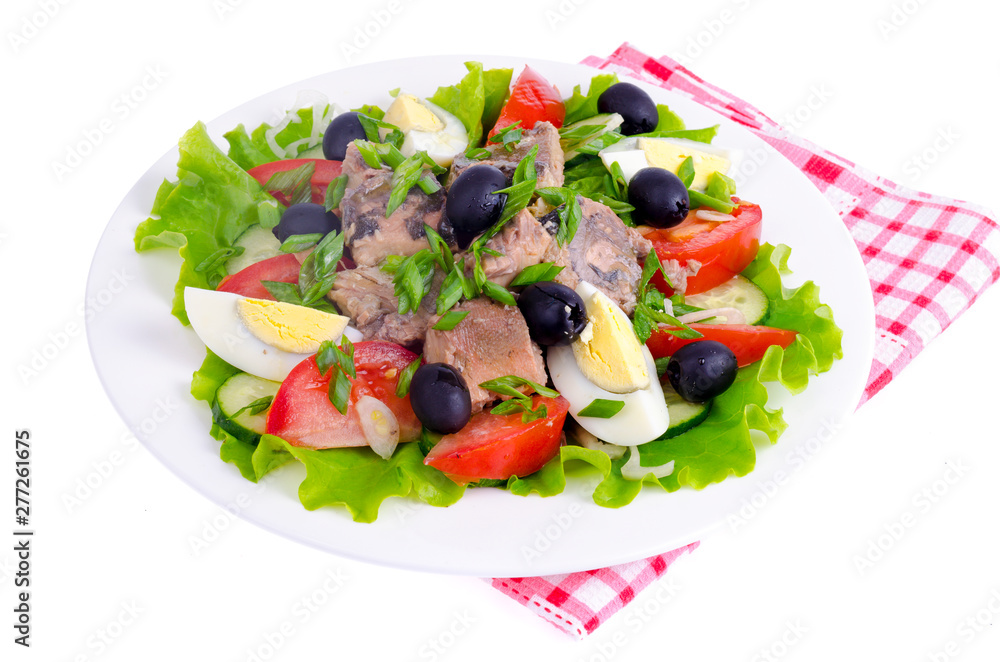 Salad of fresh vegetables, egg, canned fish and olives. Salad of fresh vegetables, egg, canned fish and olives.