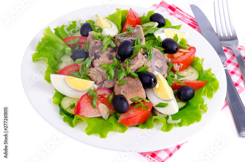 Salad of fresh vegetables, egg, canned fish and olives. 