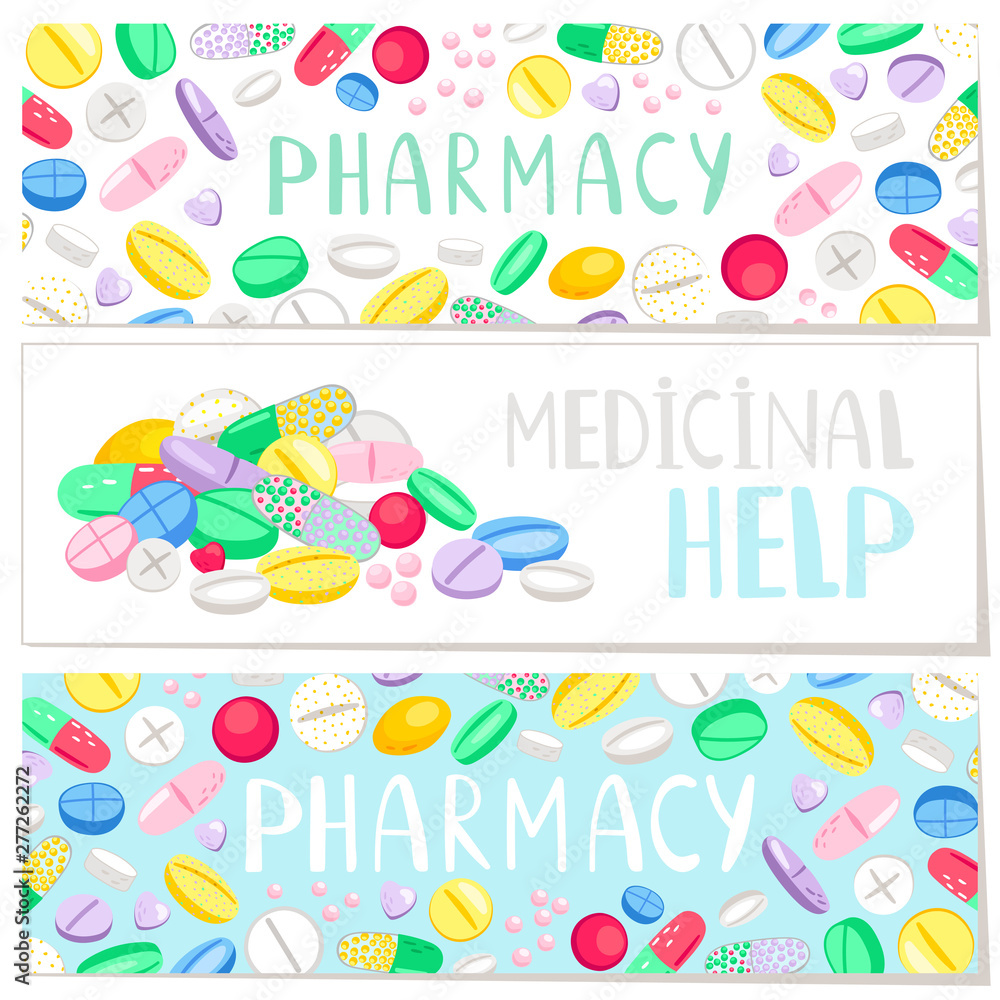 Pharmacy banner with colored pills, medicinal help. Vector health vitamin, capsule and tablet antibiotic illustration