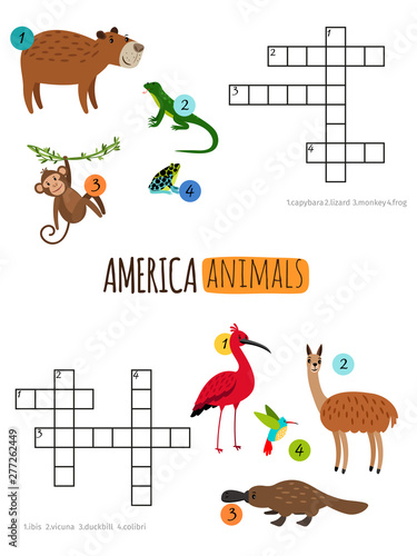 America animals mini crosswords for preschool kids vector illustration. Illustration of crossword animal frog and liana, platypus and hummingbird