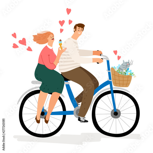 Couple in love riding bicycle vector illustration. Cartoon characters man woman cat. Young man and woman ride by bike