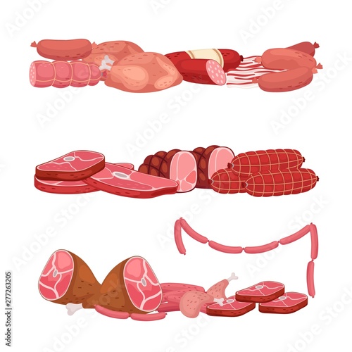 Meat and sausages. Cartoon fresh meat market vector illustration. Meat pile food, barbecue steak and bacon