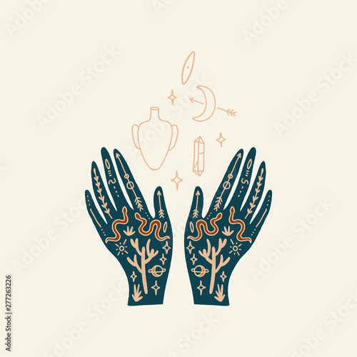 Hand with tattoo. Crystals, snakes and cacti plants. Eye of Providence. Moon goddess symbol. Astrology, alchemy, boho and magical symbols. Vector.
