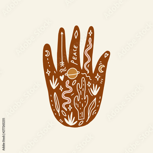 Hand with tattoo. Crystals, snakes and cacti plants. Eye of Providence. Moon goddess symbol. Astrology, alchemy, boho and magical symbols. Vector.