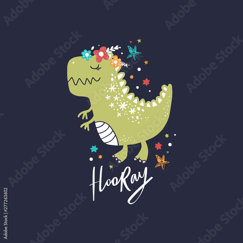 Cute dinosaur for children, wallpaper, posters and card with lettering text YAY. Vector.