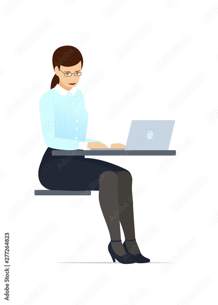 Business woman in a glasses and suit, working on a laptop computer. Flat style vector illustration.