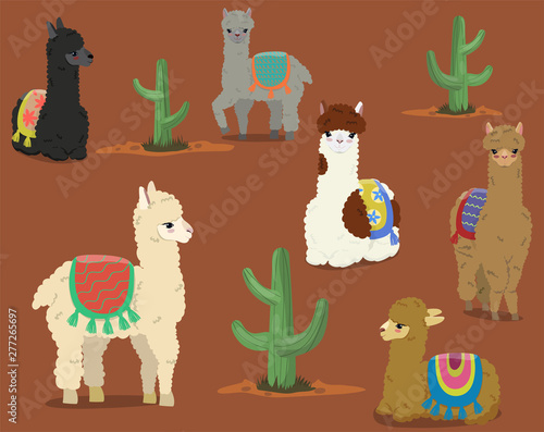 A collection of cute alpacas and cacti. Vector set.