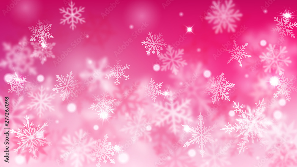 Christmas blurred background of complex defocused big and small falling snowflakes in pink colors with bokeh effect Christmas blurred background of complex defocused big and small falling snowflakes in pink colors with bokeh effect