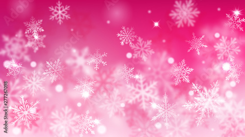 Christmas blurred background of complex defocused big and small falling snowflakes in pink colors with bokeh effect © Olga Moonlight