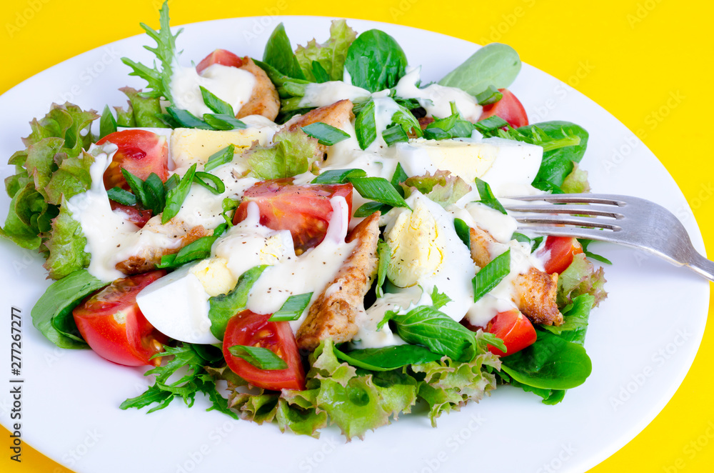 Salad of lettuce, egg, chicken pieces, mayonnaise on white plate on yellow background Salad of lettuce, egg, chicken pieces, mayonnaise on white plate on yellow background
