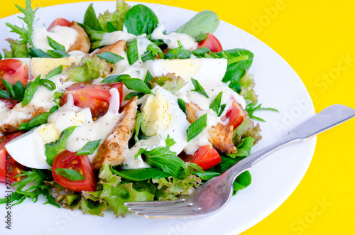 Salad of lettuce, egg, chicken pieces, mayonnaise on white plate on yellow background