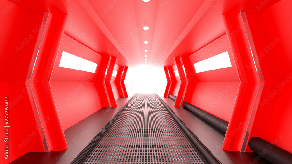 Fototapeta premium Red spaceship sci-fi corridor.