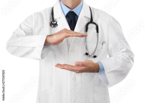 hands doctor close up, medical coverage insurance concept, isolated on white background with copy space