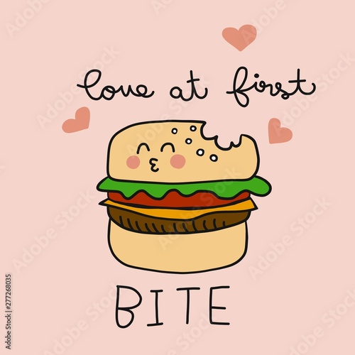 Love at first bite cute burger cartoon vector illustration doodle style 