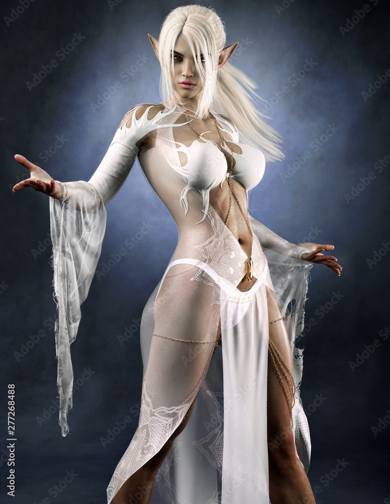 Naklejka premium Portret potężnej czarodziejki fantasy z ciemnymi elfami z białymi długimi włosami i jedwabistą prześwitującą sukienką. Renderowanie 3d. Ilustracja fantasy
