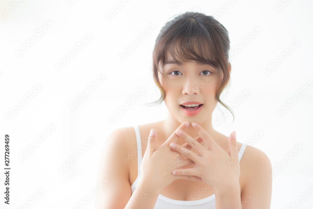 Beautiful portrait young asian woman smiling gesture surprise and excited, asia girl expression with cheerful and happy, female thinking and amazed with copy space, lifestyle and emotion concept. Beautiful portrait young asian woman smiling gesture surprise and excited, asia girl expression with cheerful and happy, female thinking and amazed with copy space, lifestyle and emotion concept.