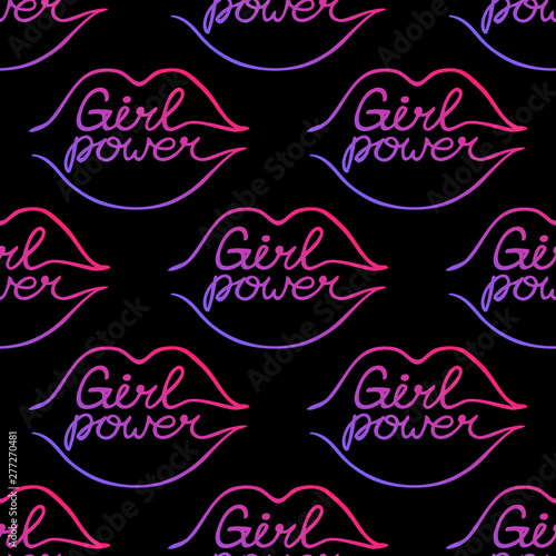 Seamless pattern with doodle lips and girl power inscription. One line female neon lips isolated on black background. 