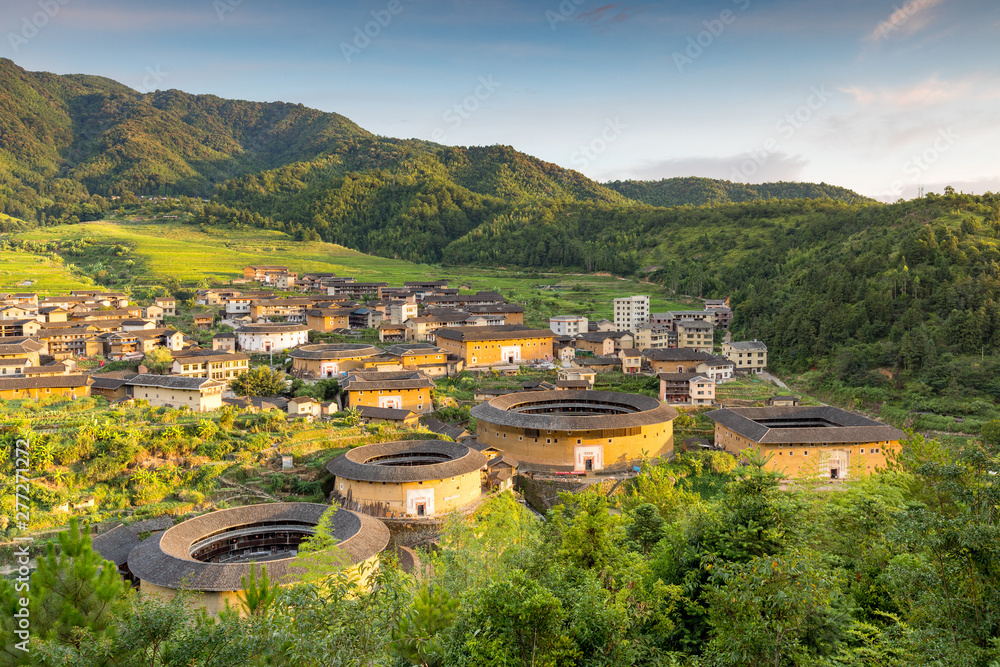 aerial view of Chuxi Tulou cluster in fujian, china
