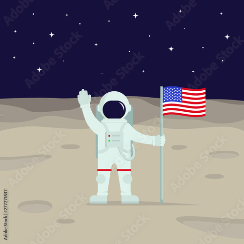 Illustration of an astronaut holding an American flag on the moon