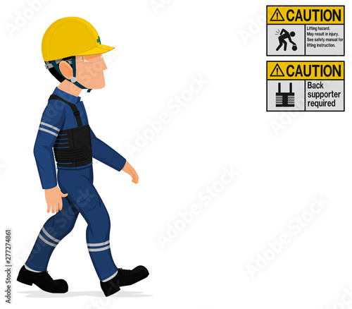 An industrial worker with back supporter on transparent background
