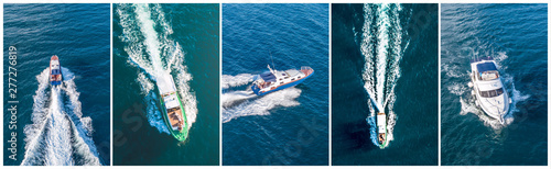 collage of five views of aerial ships boats and yachts on the sea, wide banner