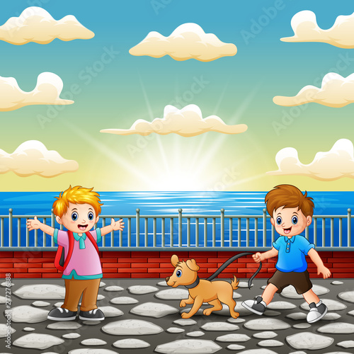 Happy children playing at the seaport