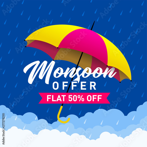 Monsoon Sale Offer Concept, Template, Banner, Logo Design, Icon, Poster, Label, Web Header, Background Mnemonic with Umbrella over it. Monsoon season raining drops - Vector, Illustration