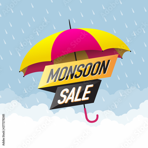 Monsoon Sale Offer Concept, Template, Banner, Logo Design, Icon, Poster, Label, Web Header, Background Mnemonic with Umbrella over it. Monsoon season raining drops - Vector, Illustration