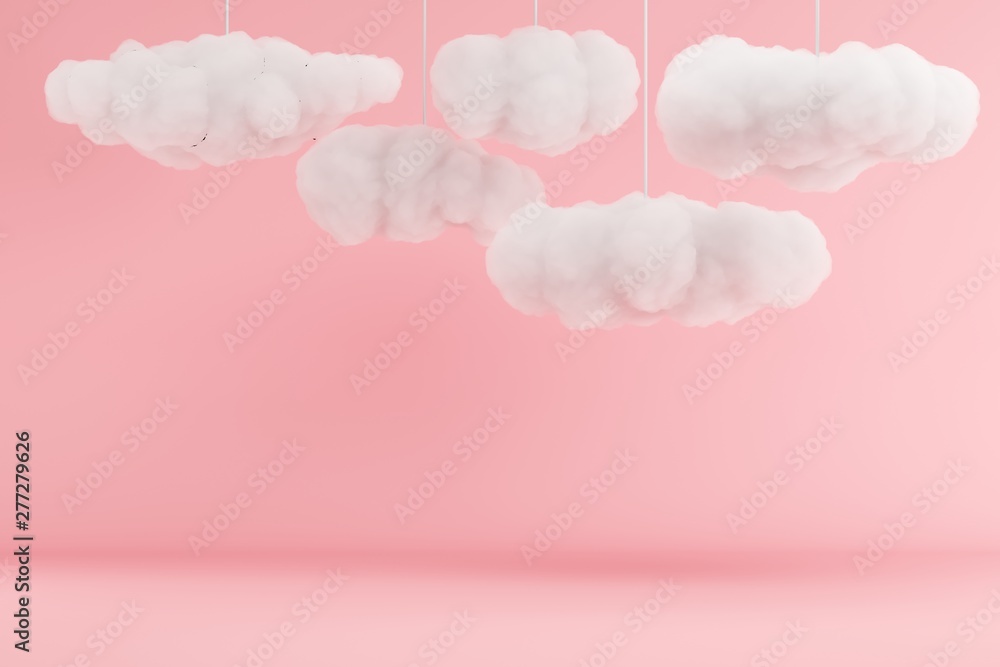 Clouds Hanging on pink room background. minimal idea concept. 3D render. - obrazy, fototapety, plakaty 
