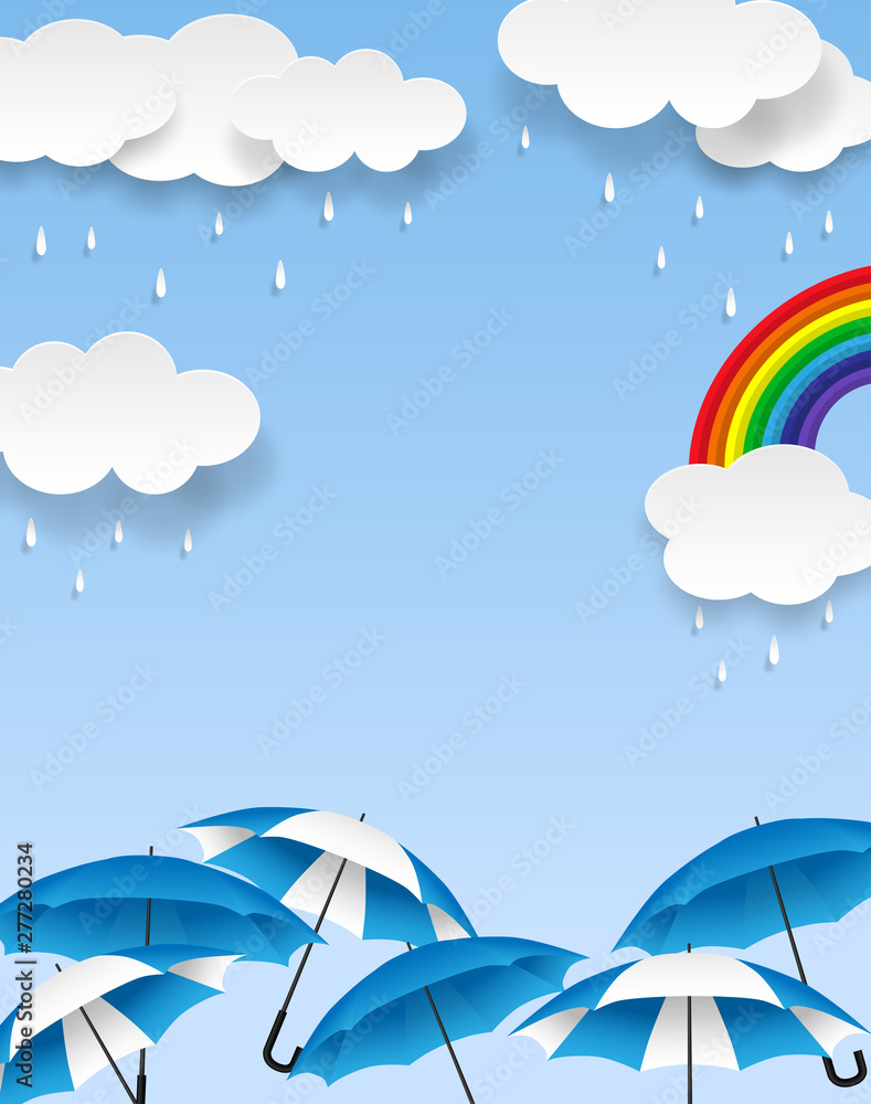 Monsoon, Rainy Season sale background . Cloud rain and umbrella on blue  sky. vector. Stock Vector | Adobe Stock