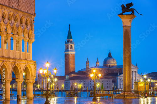 Piazza San Marco at night, view on venetian lion and san giorgio maggiore, Vinice, Italy © sborisov